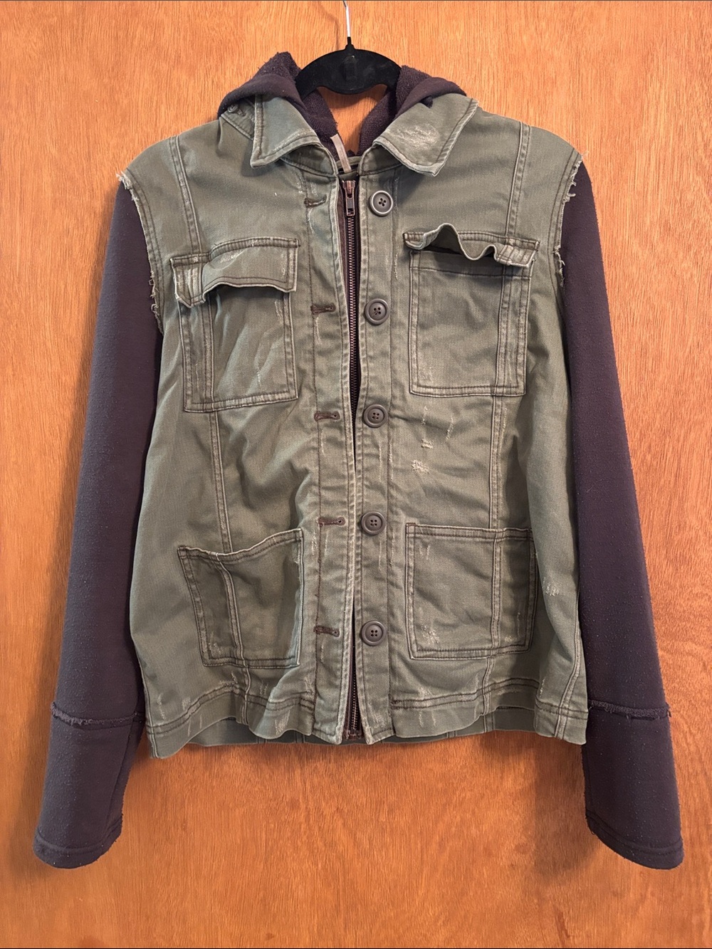 Free People Olive Utility Jacket with Dark Navy Sleeves